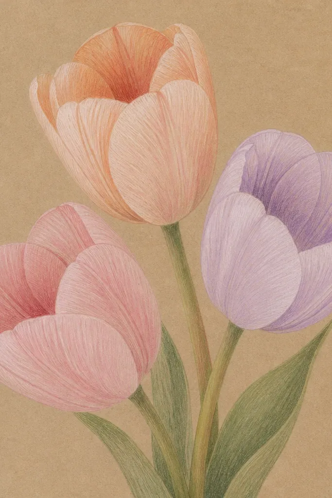 Three pastel tulips drawn on warm kraft paper. The petals are colored in pale peach, blush pink, and light lavender, with visible colored pencil veins. The center of each tulip is slightly darker, and the stems are muted green with soft layering.