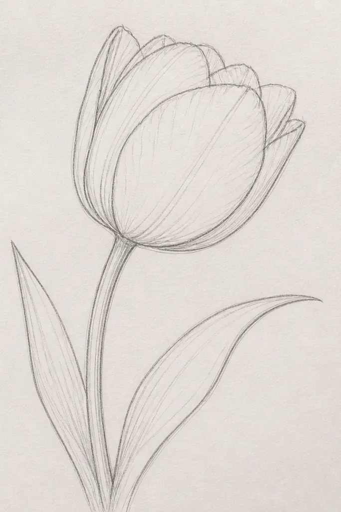 A side-facing tulip showing the thickness of the petals. The front petal overlaps another, and the inner petal edge creates a thin dark rim. The center crease is a narrow dark line with a small highlight bead.
