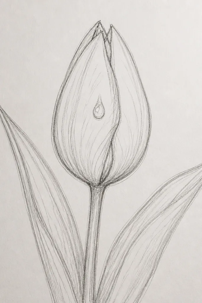 A closed tulip bud with wrapped petals. The bud has a glossy tear-drop shaped highlight, and the outer petal has faint vein lines. The stem is thin and lightly shaded with a few leaf marks.