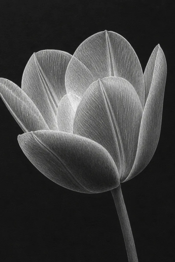 A single tulip drawn on black paper. The petals are shaded with light gray pencil and blended softly, and the veins are crisp white gel pen lines. The center has a bright white highlight and a darker gray shadow under the overlap.