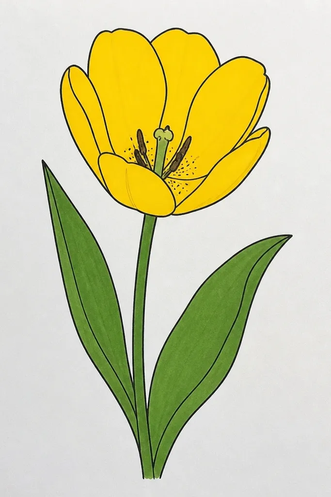 A yellow tulip with a bright golden center. The petals show layered pencil shading, and the center has visible pollen speckles. A soft shadow falls to one side, and the stem is slightly curved.