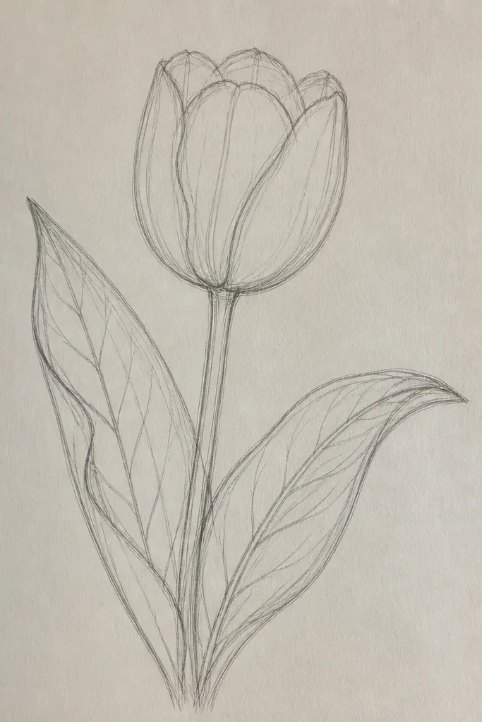 A tulip with one prominent leaf. The leaf veins are drawn first with crisp lines, then the tulip petals are shaded around that. The leaf has a deep underside shadow and a light edge highlight.