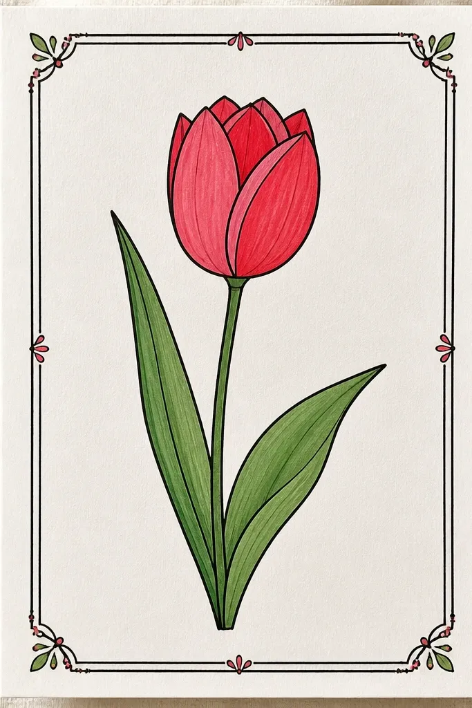 A tulip centered inside a rectangular border made of tiny repeating patterns. The border has small dots and short leaf shapes, while the tulip petals are detailed with soft shading and crisp rim lines.