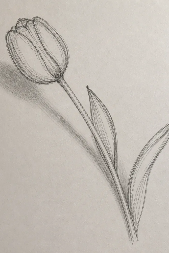 A tulip drawn at a diagonal angle across the page. The petals are detailed with highlight folds, and a long cast shadow stretches down and across the page. The stem looks like it's leaning toward the light source.
