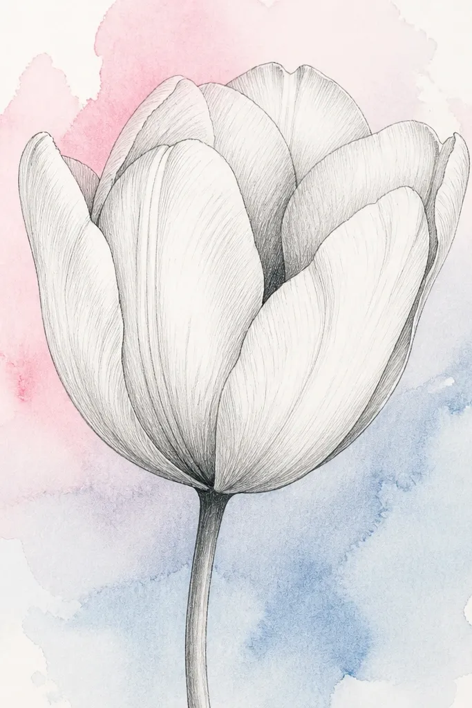 A tulip with watercolor wash behind it in pale pink and light blue. The petals are drawn in pencil with a sharp rim line, and the watercolor stays soft behind the bloom. The center crease is shaded dark pencil.