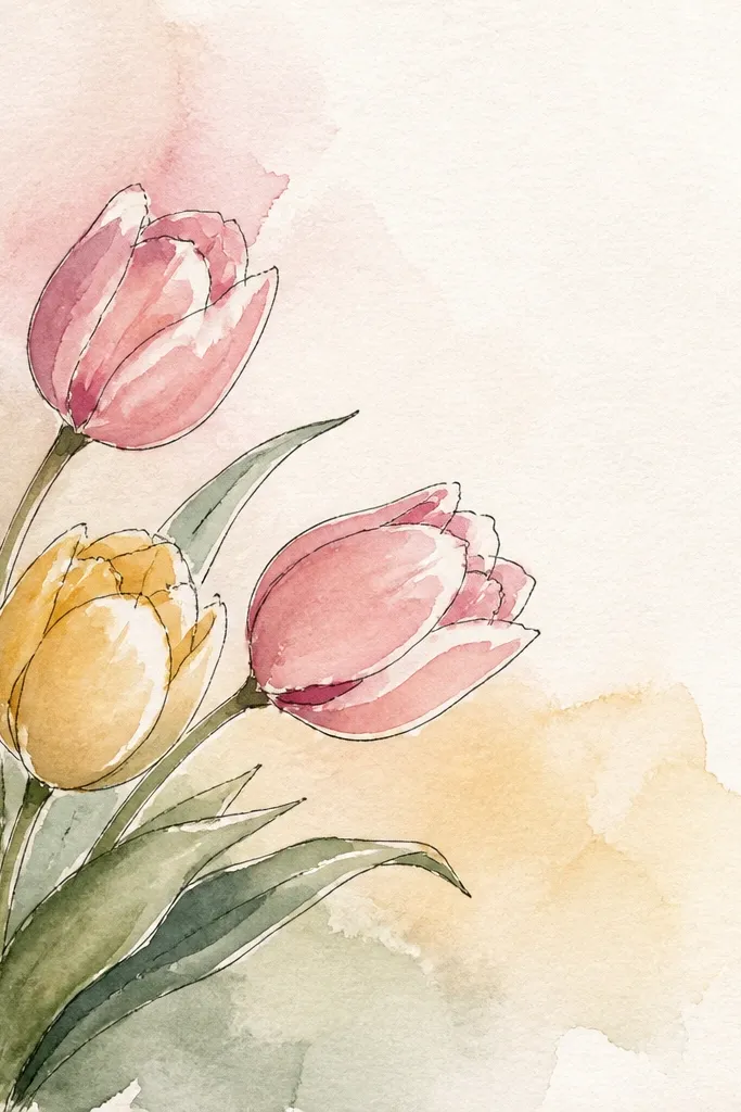 A cluster of two tulips and one bud placed in the top corner of the page. The stems curve downward, and the petals are detailed with simple shading. The rest of the page is mostly blank for journaling space.