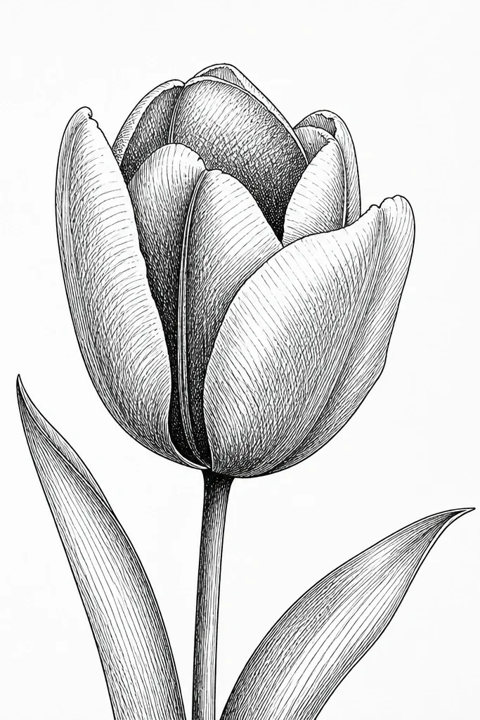 A tulip drawn in black ink with visible crosshatch marks inside the petals. The outer rim is outlined with a clean line, and the center crease is darker with denser crosshatching. The paper background is white and clean.