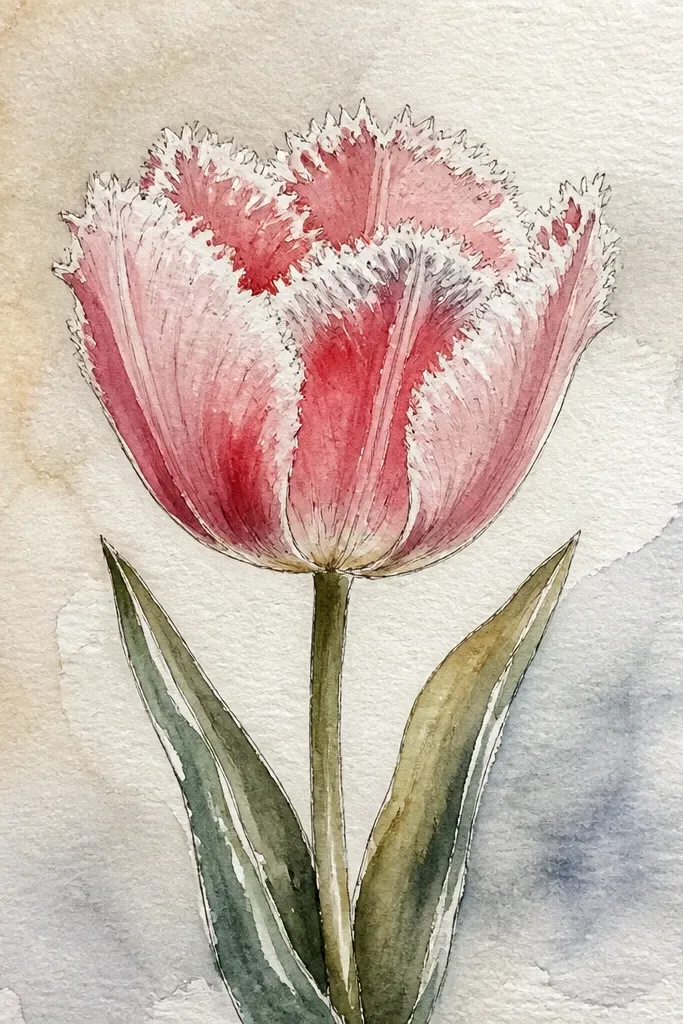 A tulip with pale blue-gray shading. The petal edges show a frosted look with tiny speckled white pencil marks and a bright rim highlight. The background is a soft light gray wash.