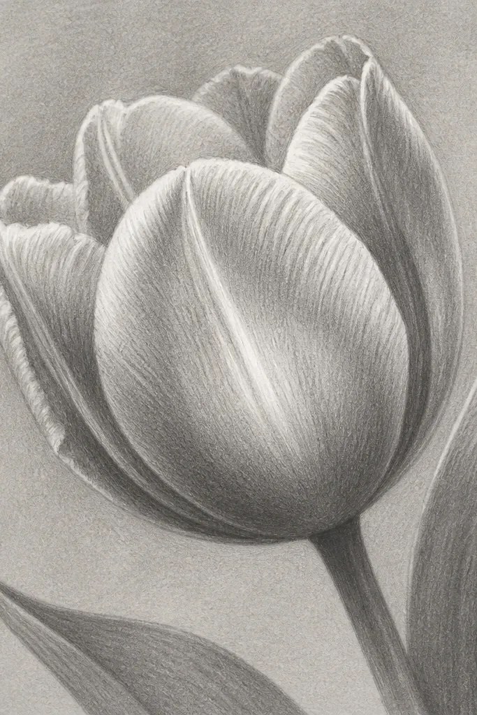 A tulip rendered in pencil with a soft graphite base. The petals show bright embossed highlights where graphite is lifted with an eraser, creating a raised-looking shine. The shadows are smooth and slightly darker at overlaps.