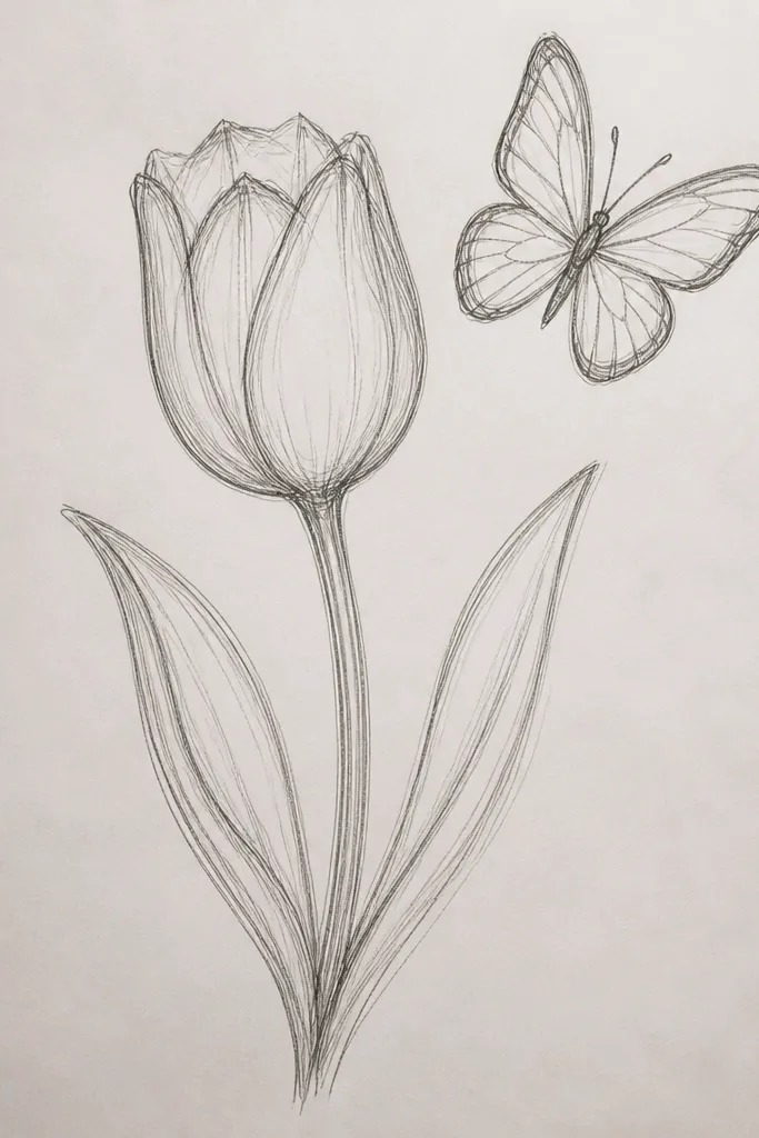A tulip head with a small butterfly perched near the center. The tulip petals are shaded with crisp rim lines and soft overlaps. The butterfly wings have light patterned lines, and the background is mostly blank with a faint shadow under the bloom.