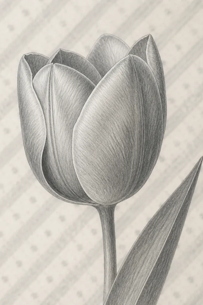 A tulip drawing with the impression of patterned fabric behind it: small diagonal stripes and tiny dots. The tulip petals are shaded with pencil and have crisp rim edges. The patterned background stays lighter and blurred compared to the tulip.