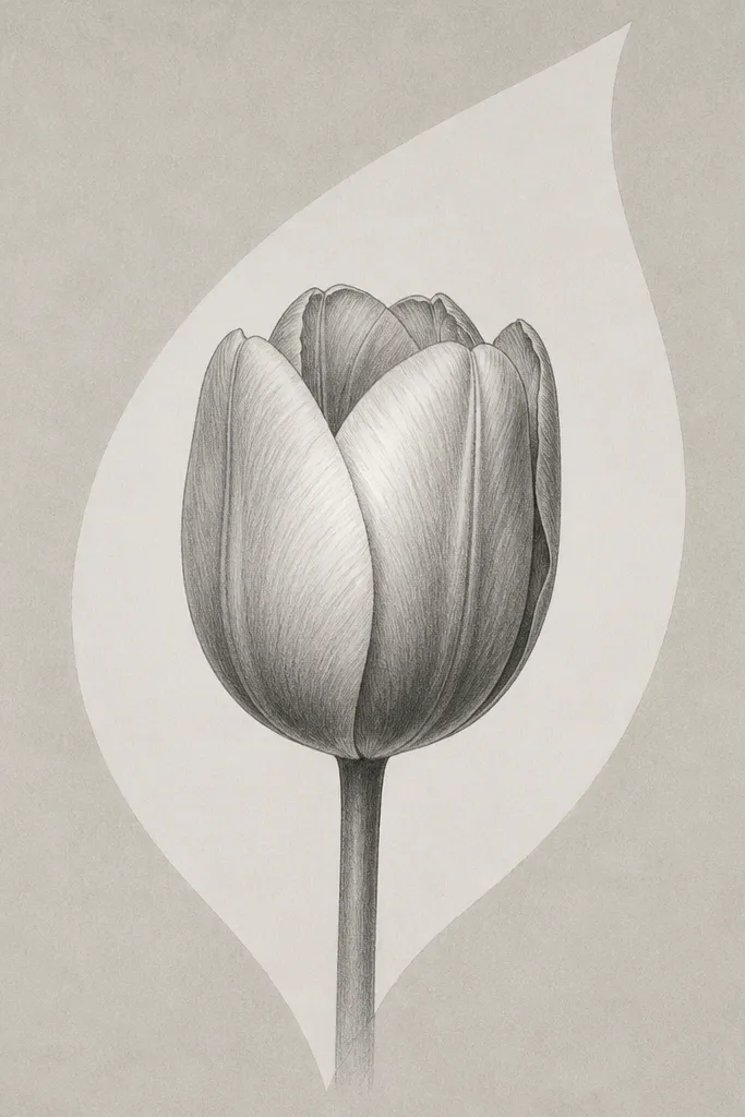A single tulip centered on the page with a large leaf-shaped area left blank behind it. The tulip petals are shaded with mid-tone graphite and have a bright highlight. The negative space forms a leaf outline around the flower.
