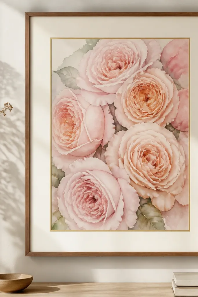 A watercolor print showing tightly grouped blush roses with soft peach highlights, framed in thin warm wood with a cream mat and a small gold inner line.