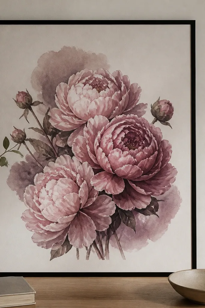 A watercolor peony bouquet with layered petals in dusty mauve and muted rose, shown with a slightly darker mauve shadow behind the flowers, framed in black.
