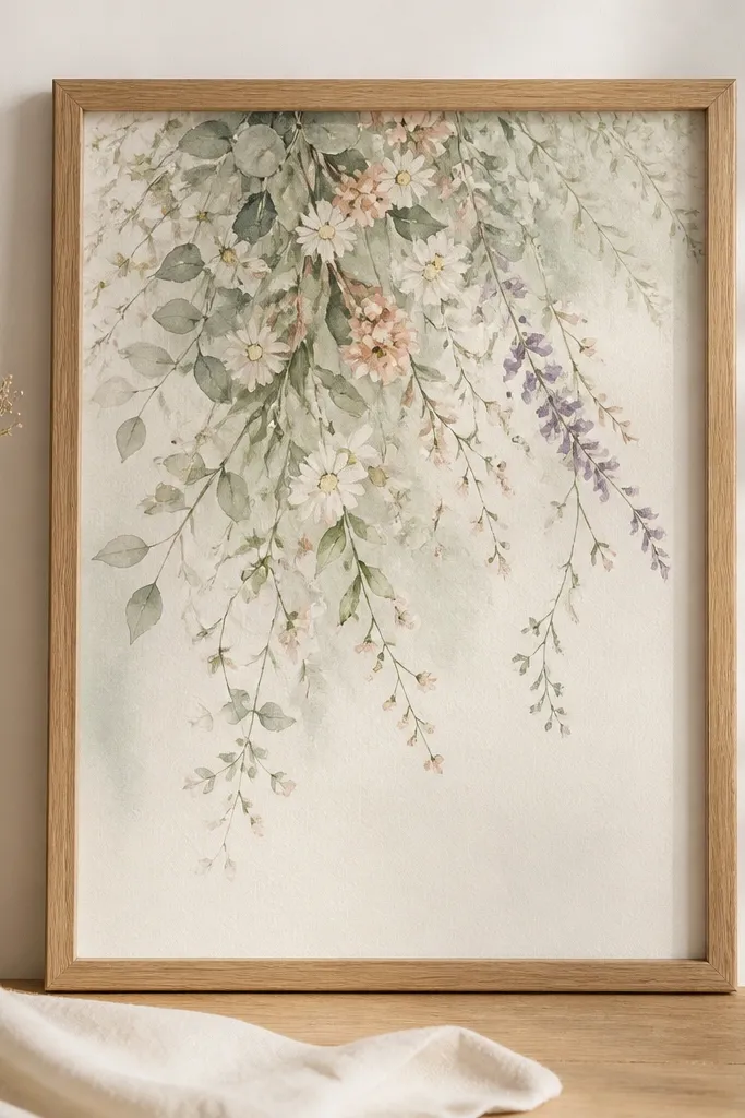 A watercolor print of trailing wildflowers with small daisies and sprigs, with sage green leaves that fade into the background, framed in natural oak.