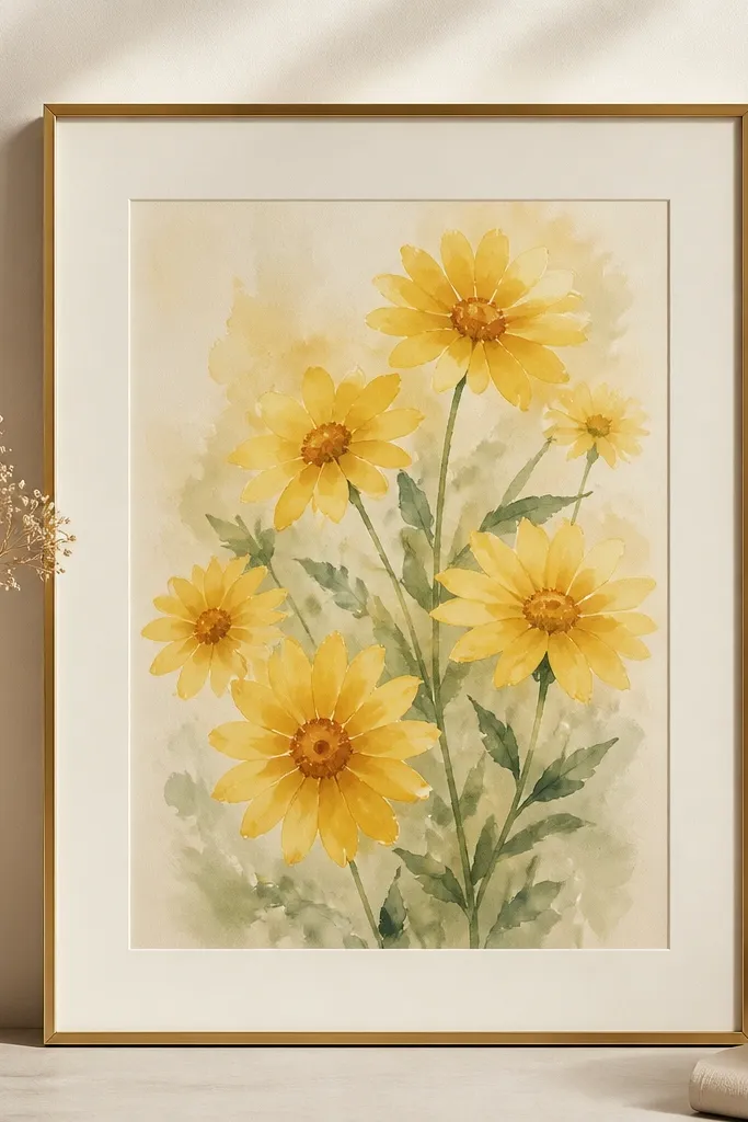 A watercolor print of yellow daisies with soft orange centers, painted on cream paper, framed in thin brass with a cream mat.