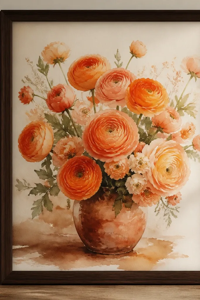 A watercolor bouquet of ranunculus in orange and apricot tones, with terracotta shadows at the base, framed in dark walnut.