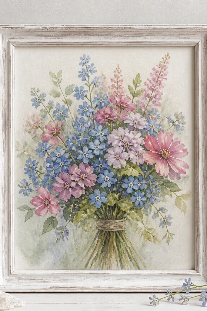 A watercolor cottage bouquet with small forget-me-nots in soft blue, mixed with pink flowers, framed in whitewashed wood.