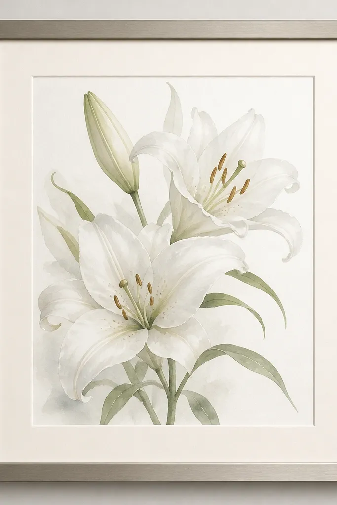 A watercolor print of white lilies with light gray shadows and pale green stems, framed in brushed nickel with a warm white mat.