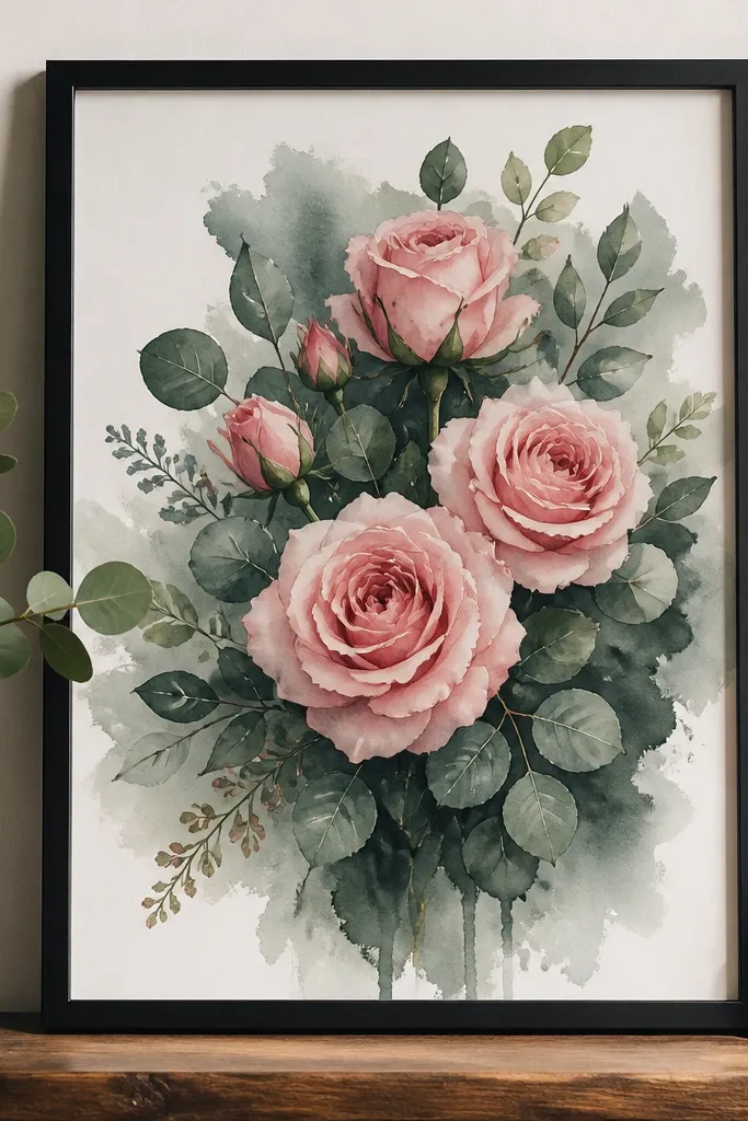 A watercolor print featuring pink roses and eucalyptus leaves in deep green, with a darker green wash behind the bouquet, framed in matte black.