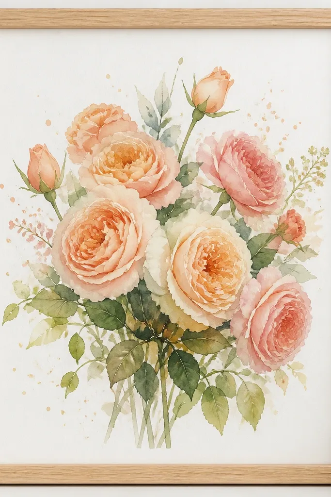 A watercolor bouquet of garden roses in peach and apricot, with faint splatter dots in the background, framed in pale oak.