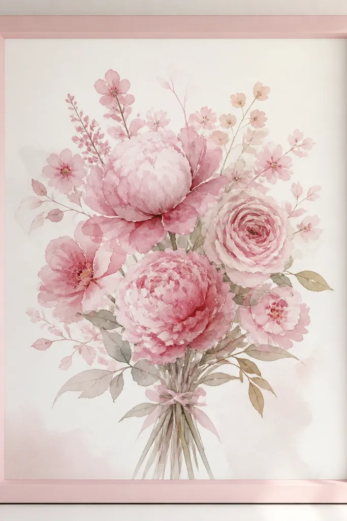 A watercolor bouquet with mostly monochrome pink petals and pale stems, framed in a blush-painted frame, with no inner gold line.