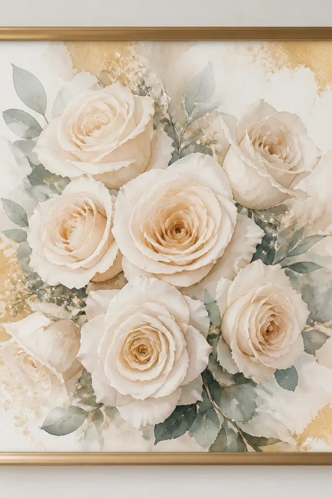 A watercolor bouquet of champagne roses with creamy highlights, faint gold-toned wash near the edges, framed with a champagne-gold metal frame.
