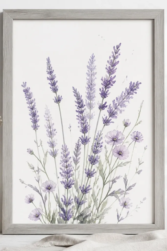 A watercolor print of lavender sprigs and small flowers in pale lilac, with airy negative space, framed in light gray wood.