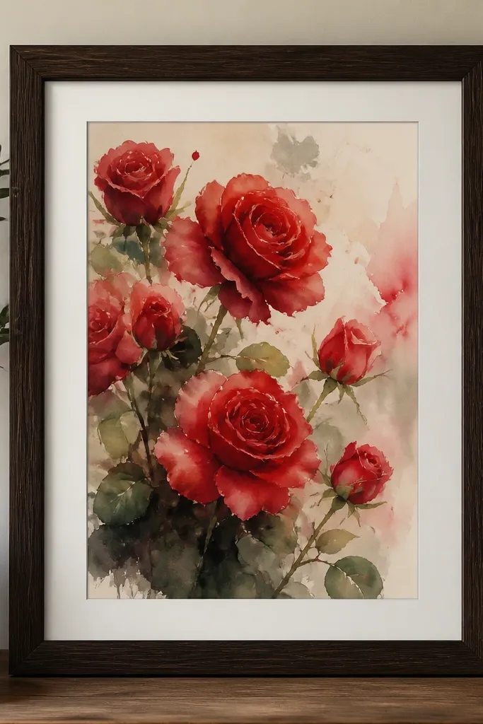 A watercolor print of red roses with visible paint bleed and softened edges, framed in deep espresso wood.