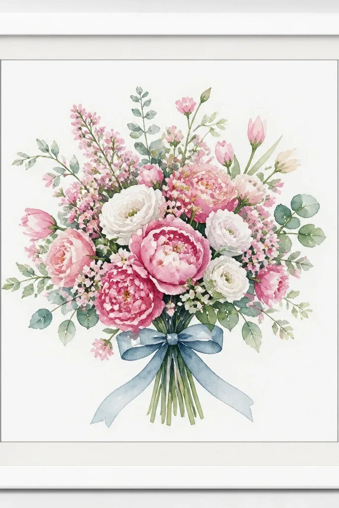 A watercolor bouquet with mixed pink and white flowers tied with a blue ribbon bow, framed in white with a thin gray inner mat line.