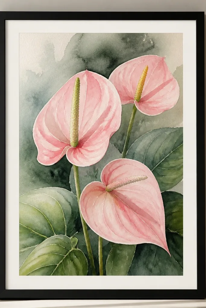 A watercolor print of pink anthurium flowers with soft green leaves, with darker watercolor shadows behind the blooms, framed in matte black.