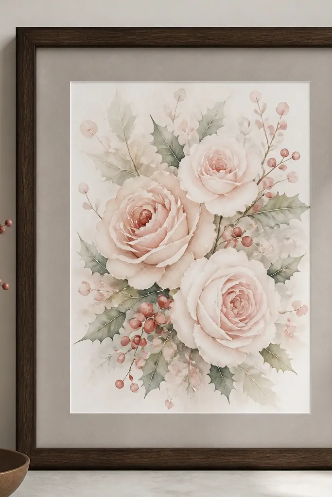A watercolor print of blush roses mixed with tiny berry dots and faint holly leaf shapes, framed in dark walnut with a warm gray mat.