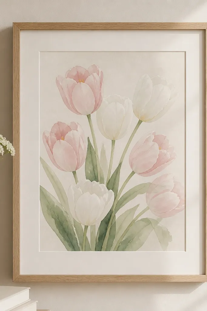 A watercolor print of tulips in pale pink and white with soft green stems, framed in light oak with a cream mat.