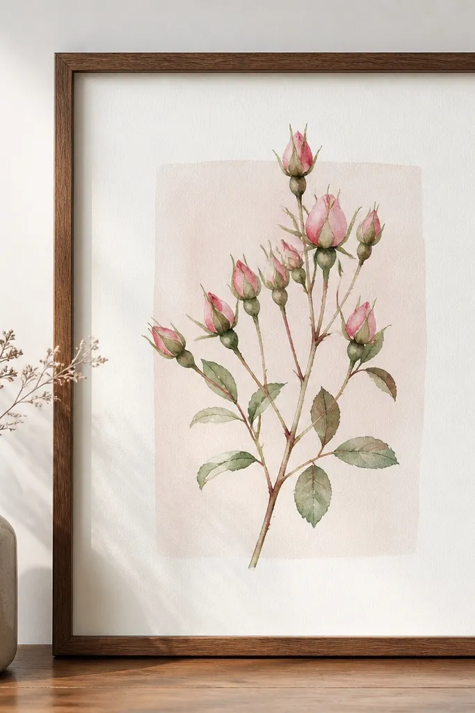 A watercolor print showing tiny rosebuds with a pale wash rectangle behind them, framed in a simple walnut frame.
