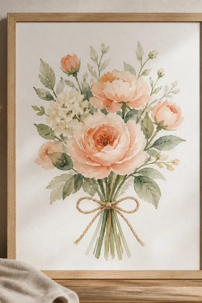 A watercolor print of peach and cream flowers tied with a hand-tied bow in neutral twine, framed in natural wood.