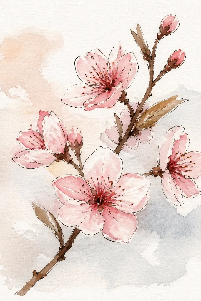 A tall 8x10 page shows a slender cherry blossom branch drawn in black ink with a few angled twigs. Cherry blossoms are pale pink watercolor blooms with soft edges, leaving lots of clean white space around them. Tiny black stamens dot the center of each bloom, and two or three petals drift downward at the far right.