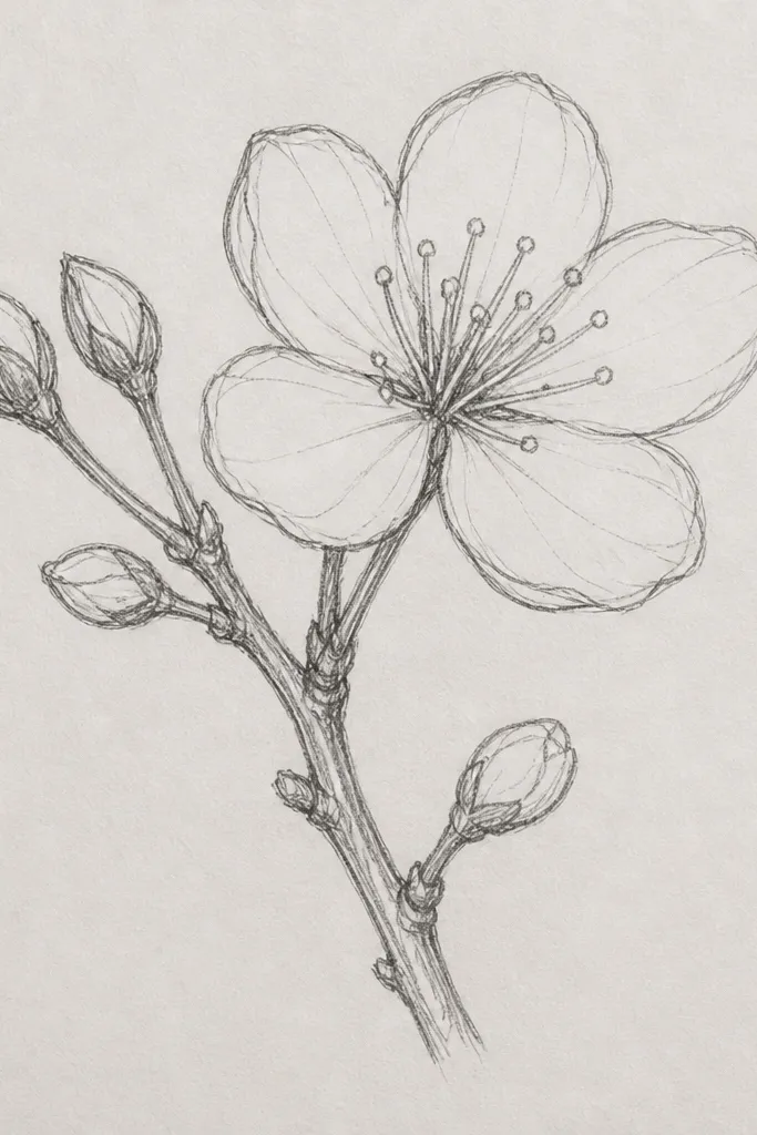 A graphite drawing on off-white paper shows a curved branch drawn in soft pencil. The blossoms are light pink-gray clusters with subtle shading, and the brightest petal highlights look lifted, almost like a glow. The stamens are tiny and darker, clustered at the centers, and the background is mostly paper with gentle smudges.