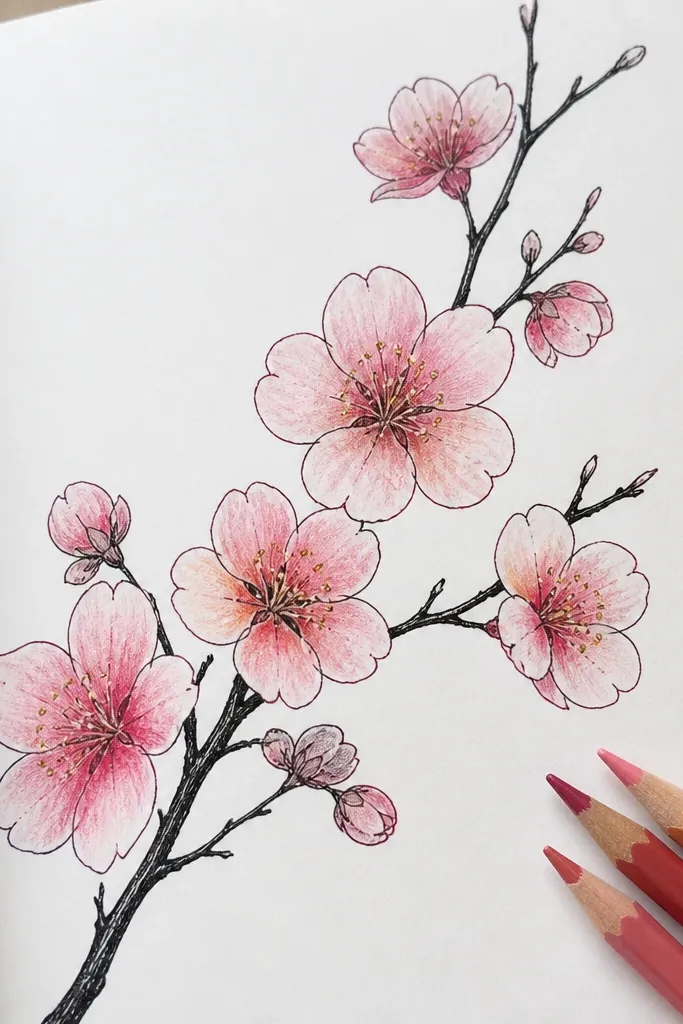A page shows a clean black marker branch with crisp twig lines. The blossoms are outlined in marker and filled with colored pencil in soft pink and peach, with darker centers and lighter outer petals. A few blossoms are half-formed in the background, and the stamens are tiny yellow-brown dots.