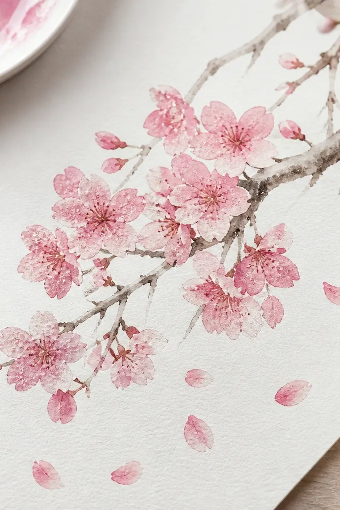 A watercolor drawing shows a branch sweeping diagonally across the page. The blossoms are pink washes with speckled textures where salt was sprinkled, creating tiny sparkling granules in the petals. The branch is a light gray-brown wash, and a few petals drift off in soft pink.