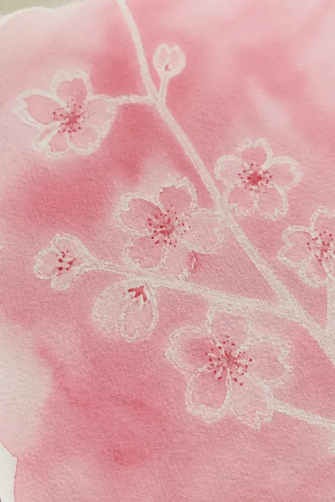 A watercolor paper page shows a branch drawn in pale crayon lines. Pink watercolor washes cover most of the background, but the crayon lines resist the paint, leaving lighter branch shapes and petal outlines. Blossoms appear as pale outlines with soft pink fill around them, and the centers have small darker dots.