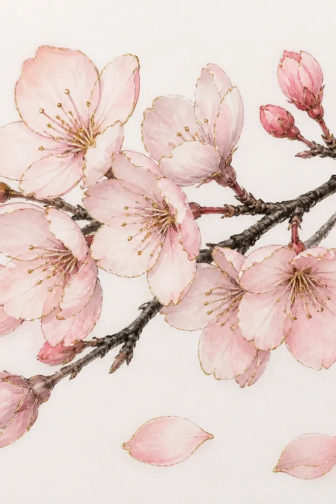 A dark branch is drawn in pencil and ink, then painted lightly in pale pink. Several petals have gold gel pen highlights along their edges and on a few stamens. The background is light and clean, with blossoms clustered along the branch and two drifting petals at the bottom.