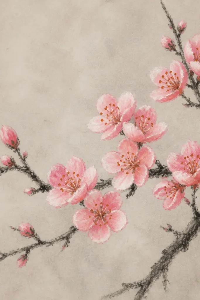The branch is drawn in soft charcoal with blossoms filled using pastel sticks. The petals show side-lit shading: a brighter highlight on one side and deeper pink on the other. The background is lightly dusty, and the stamens are darker orange-brown dots.