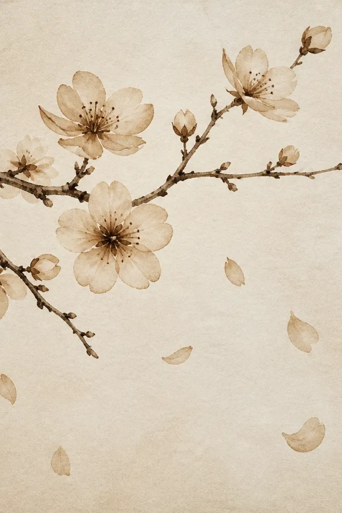 A sepia-toned drawing shows a branch in brown ink with blossoms made of sepia pencil and ink dots. The blossoms are fewer and more spaced out, with visible paper texture. The centers are slightly darker, and a few petals drift downward in faint sepia.