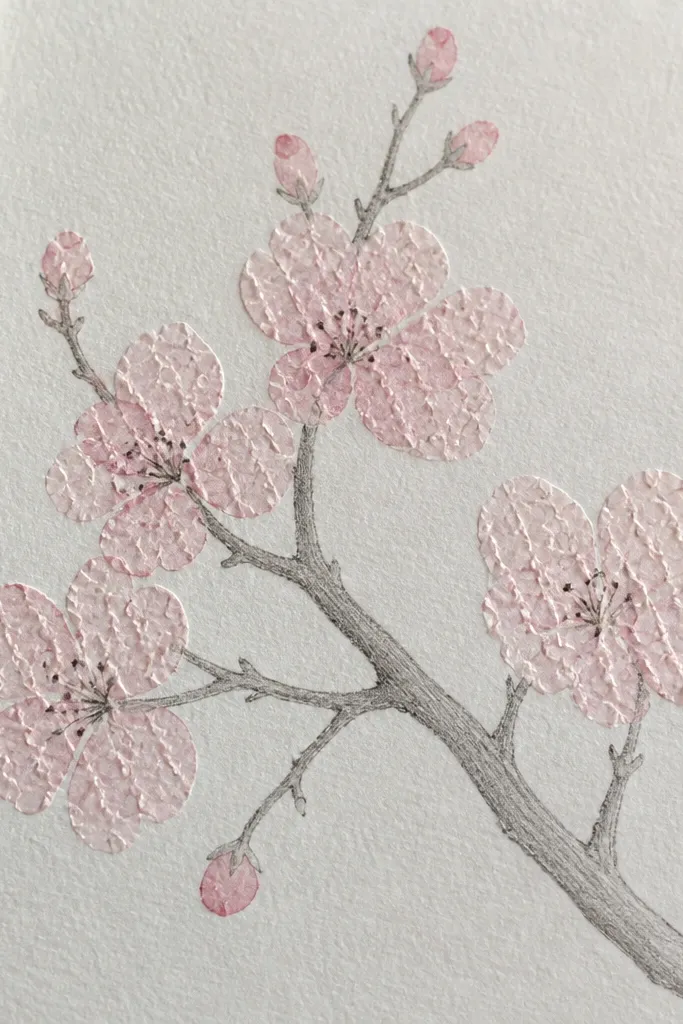 A paper page has a branch drawn in pencil with pale pink blossoms. Over the blossoms, faint raised textures appear where bubble wrap pressed into wet paint. The branch stays smooth, while petal areas have a bumpy, embossed look. A few stamens are drawn as small dark dots.