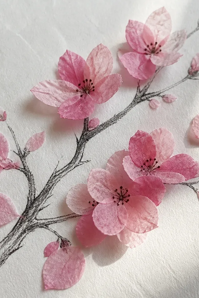 A branch is drawn in pencil and lightly inked. Some blossoms are made from cut tissue paper teardrops layered over the branch, showing translucent pink layers. The centers have small darker dots, and a few tissue petals overlap into the negative space. Edges look soft and slightly crinkled.