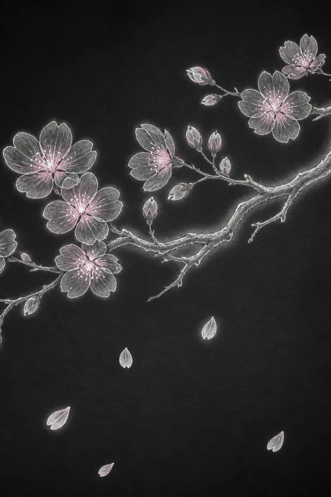 A black paper background shows a cherry blossom branch in white gel pen and chalk. Blossoms are outlined in white, with centers filled using light pink chalk and tiny white stamens. The branch has a glowing effect, and a few petals drift downward as bright white teardrops.