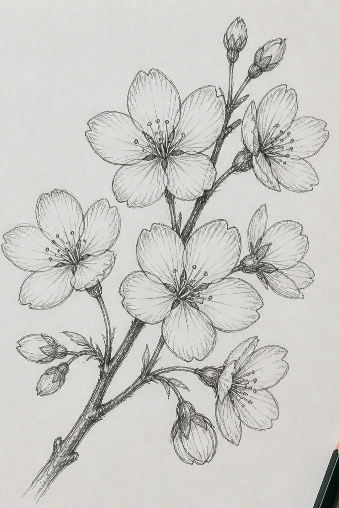 A pencil drawing shows a branch with blossoms shaded using cross-hatching lines. Each blossom petal has visible thin pencil strokes that follow its curve, creating a veined look. The centers are darker with denser hatch marks. The background has light scribble texture and the twigs are crisp.