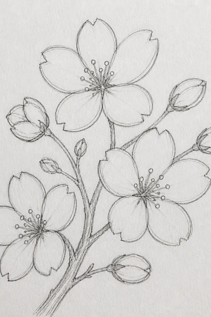 The branch is drawn and shaded in pencil. Several blossoms have tiny paper-cut teardrop tips layered on the center petals, creating sharp, crisp edges. The layered paper looks slightly raised and brighter than the rest of the petals. A few blossoms are fully drawn with shading for balance.