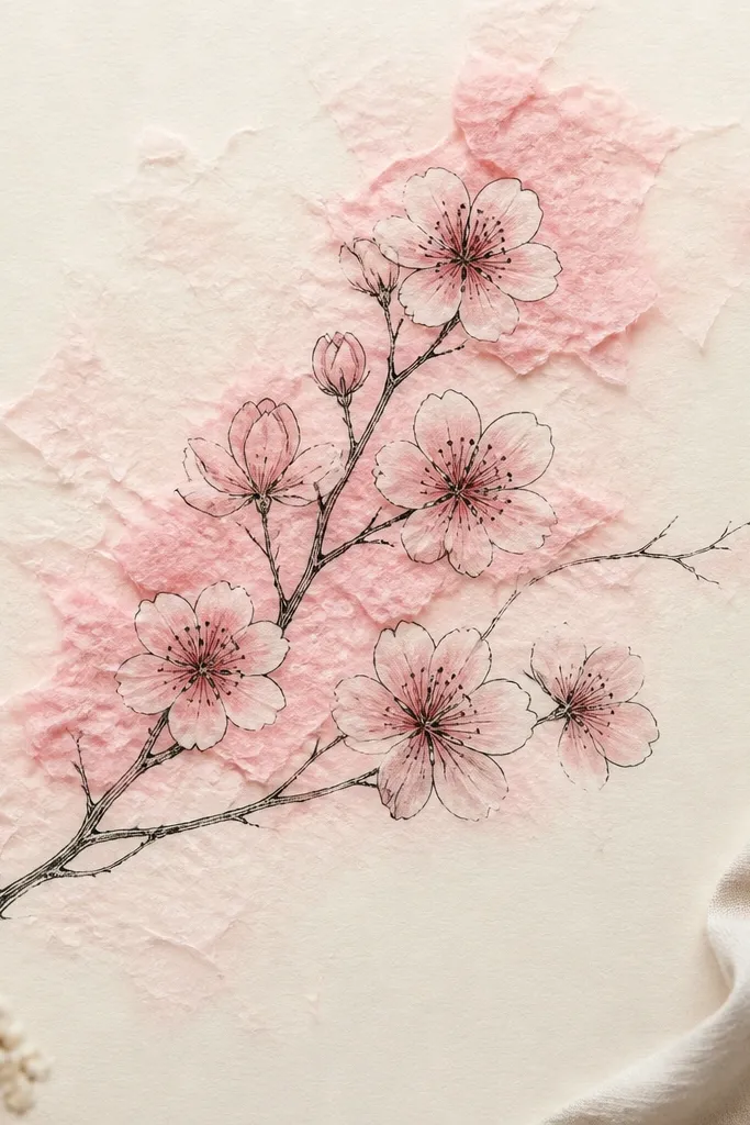The branch is inked in thin black lines. Behind the blossoms, a few areas are textured with crumpled tissue paper pressed into place, creating soft pink cloud-like patches. Blossoms sit on top with drawn teardrop petals and darker centers. The background clouds fade outward from the branch.