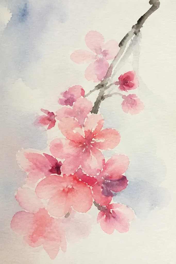 A cherry blossom branch sweeps upward. Each blossom has an ombre gradient: pale near the outer petals and deeper pink toward the center. The watercolor edges are smooth, and the branch is a light brown wash. A few petals drift off in lighter pink.